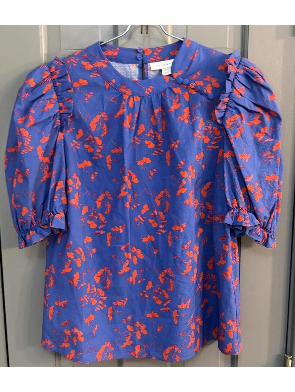 Top Shop Blue and Red Floral Puff Sleeve Blouse Size 6